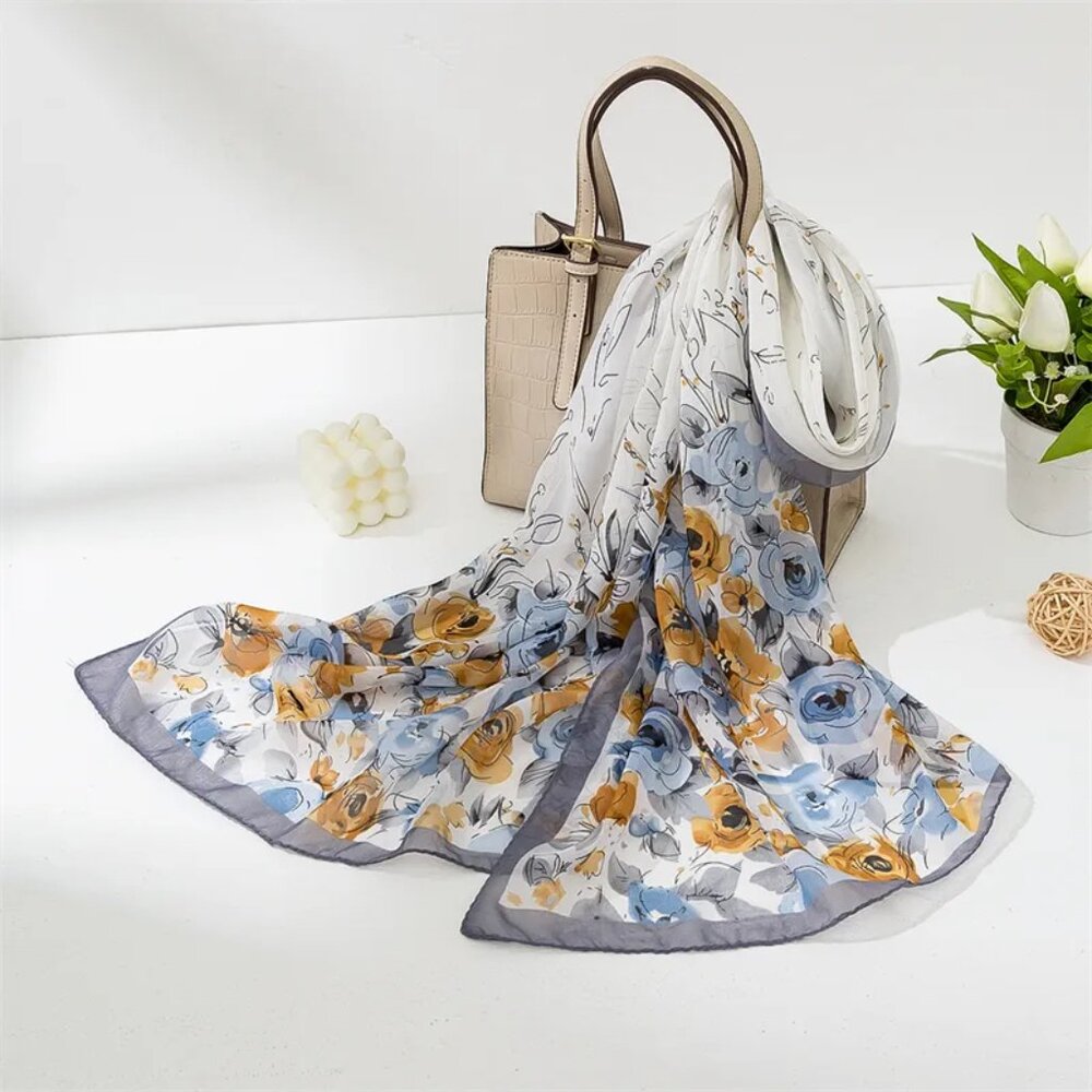 2/$30 Floral Chiffon Lightweight Scarf Gray Yellow Blue Flower Silk Feel Shawl